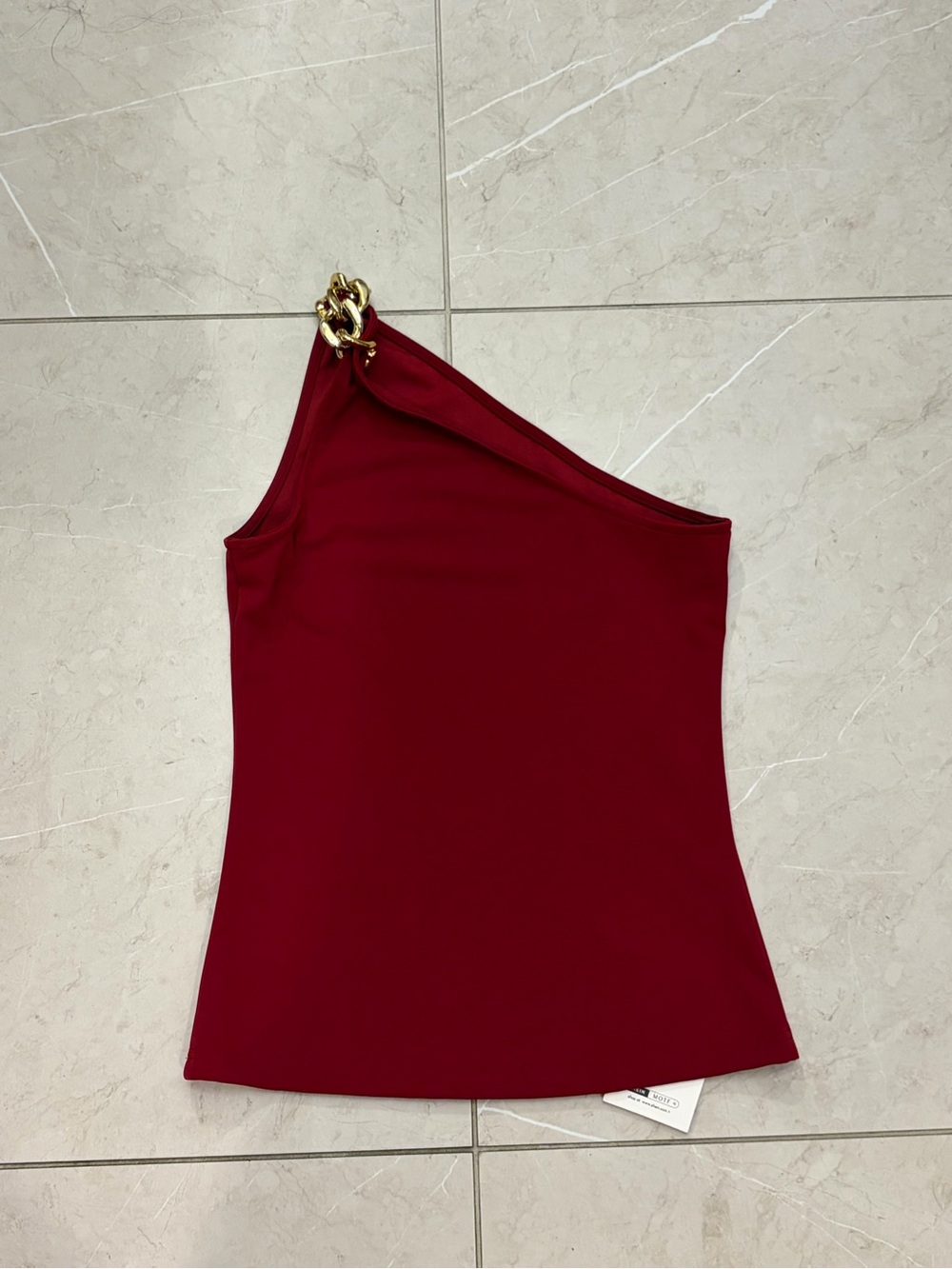New with Tag One-Shoulder Red Tank Top with Gold Chain Detail